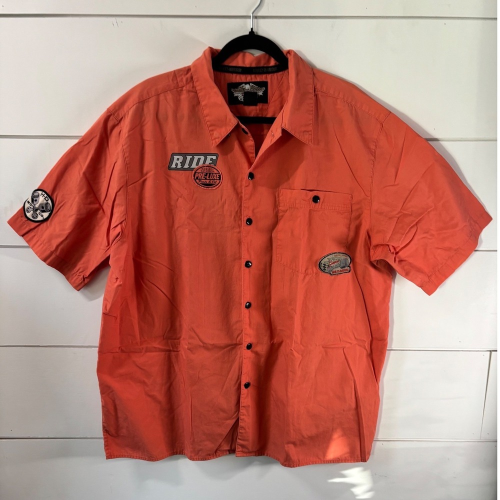 Vintage Harley Davidson Button Up Shirt Mens XL Orange Biker Graphic Motorcycle